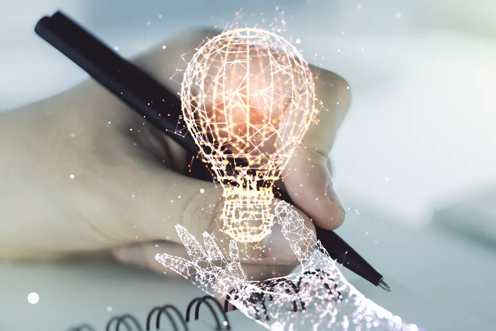 Conceptual illustration of artificial intelligence, innovation, and human creativity.